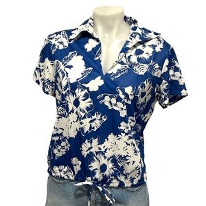 Ship n Shore vintage Hawaiian print v neck short sleeve collar shirt size 16